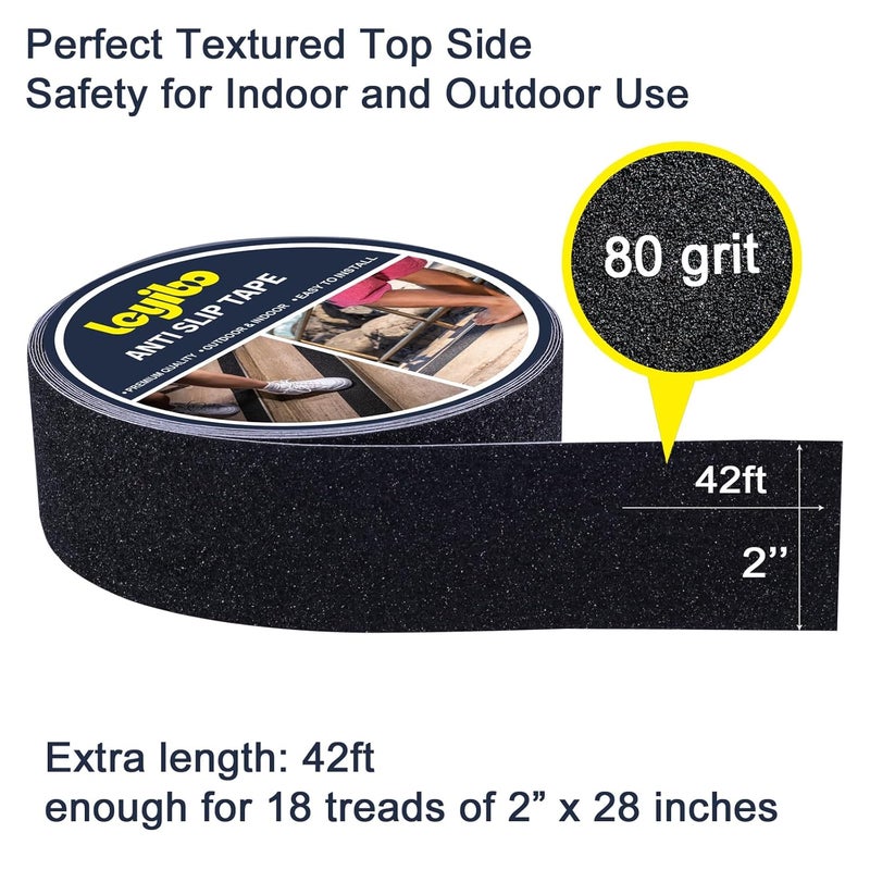 Leyibo Anti Slip Tape, 2 Inch x 42 Ft Grip Tape for Stairs Outdoor/Indoor, Waterproof Non Skid Roll for Stair Treads Non Slip, High Traction Friction Abrasive Adhesive Stair Steps - Black - Image 2